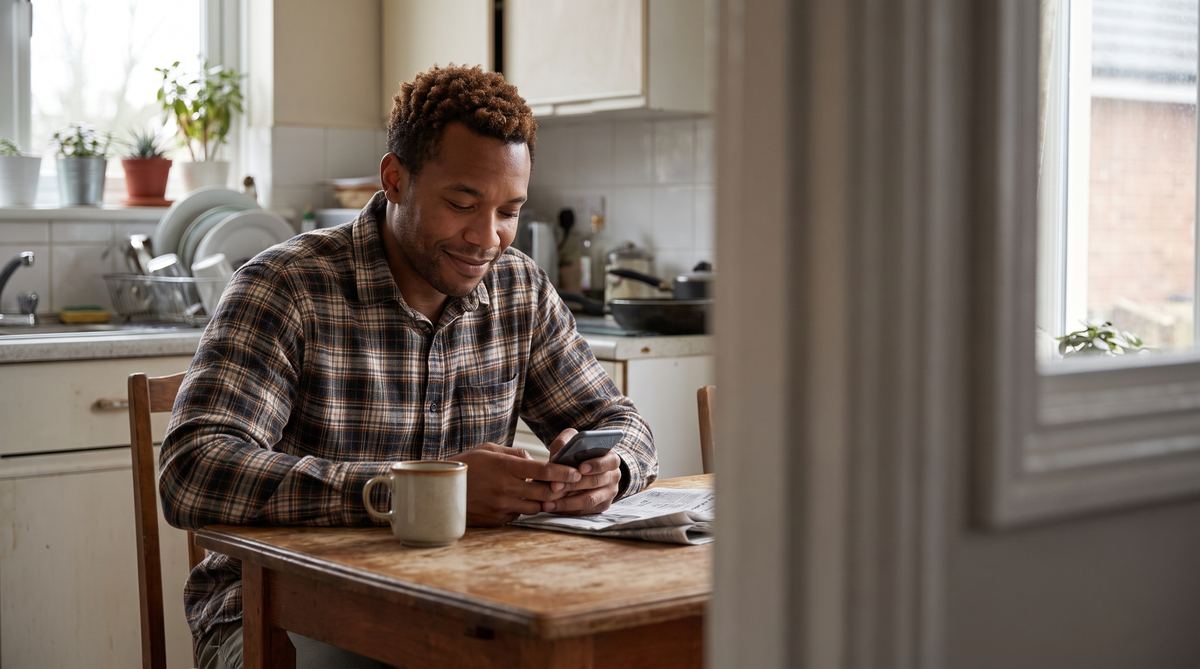 Person checking their phone at their kitchen table
